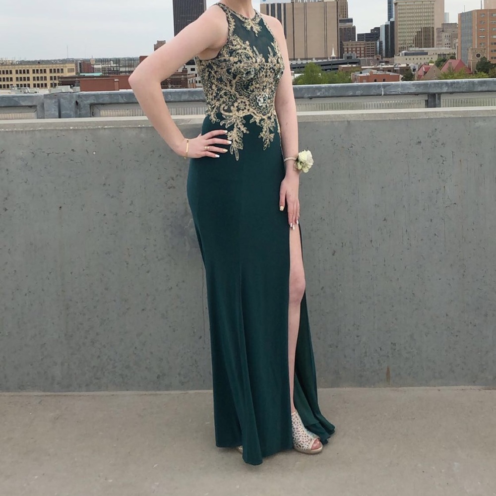 Hunter Green and Gold High Neck Prom Dress